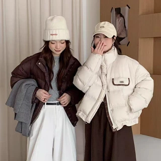 2025年新款羽绒服女短款韩版时尚格子撞色拼接面包白鸭绒外套潮