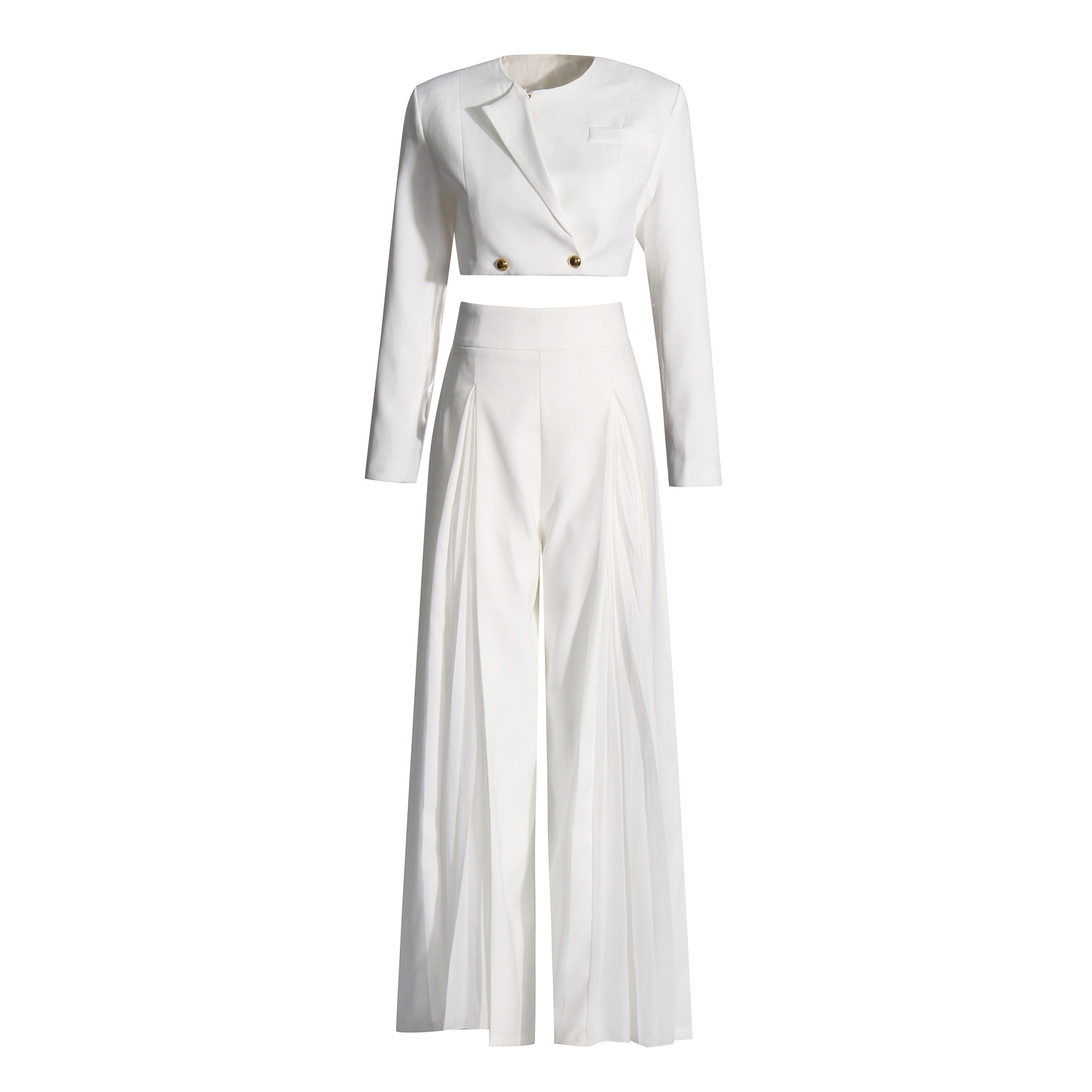 Women's Clothing Fashion casual suit for women 2024 summer new long sleeved short suit jacket + mesh slit wide leg trousers_voghion.com