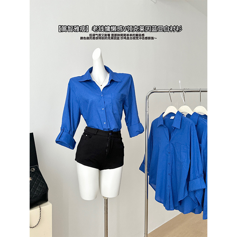 [High Intelligence Yipi] La Qian's Lazy Cotton and Linen V-Neck Long-Sleeved Klein Blue White Shirt Top