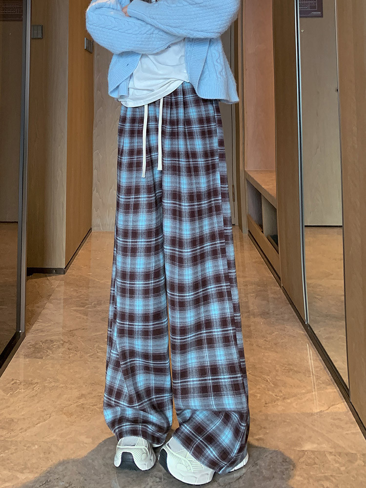 Pantalones de pierna ancha con cordón de cintura alta a cuadros retro mujeres 2024 otoño e invierno más pantalones casuales rectos de moda sueltos y delgados de terciopelo image 6