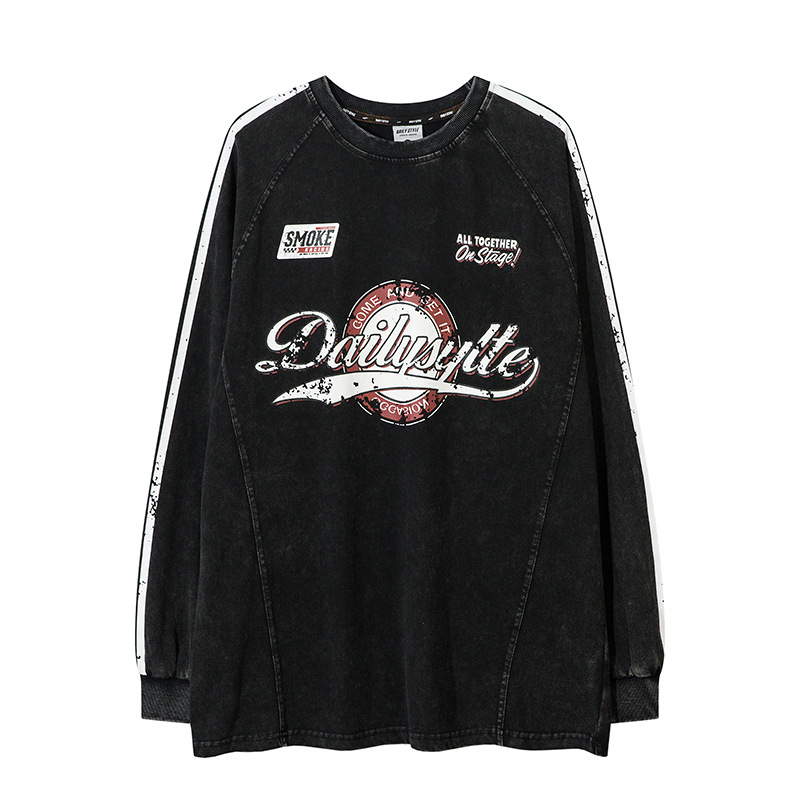 秋季新款街头水洗复古印花宽松圆领T恤卫衣男ins潮牌百搭休闲上衣