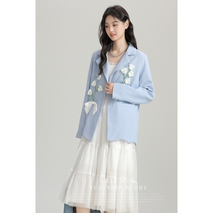 2025 Spring and Autumn New Blue Artistic Style Commuting Suit Jacket for Women with Three-Dimensional Flowers and High-End Suit Trend