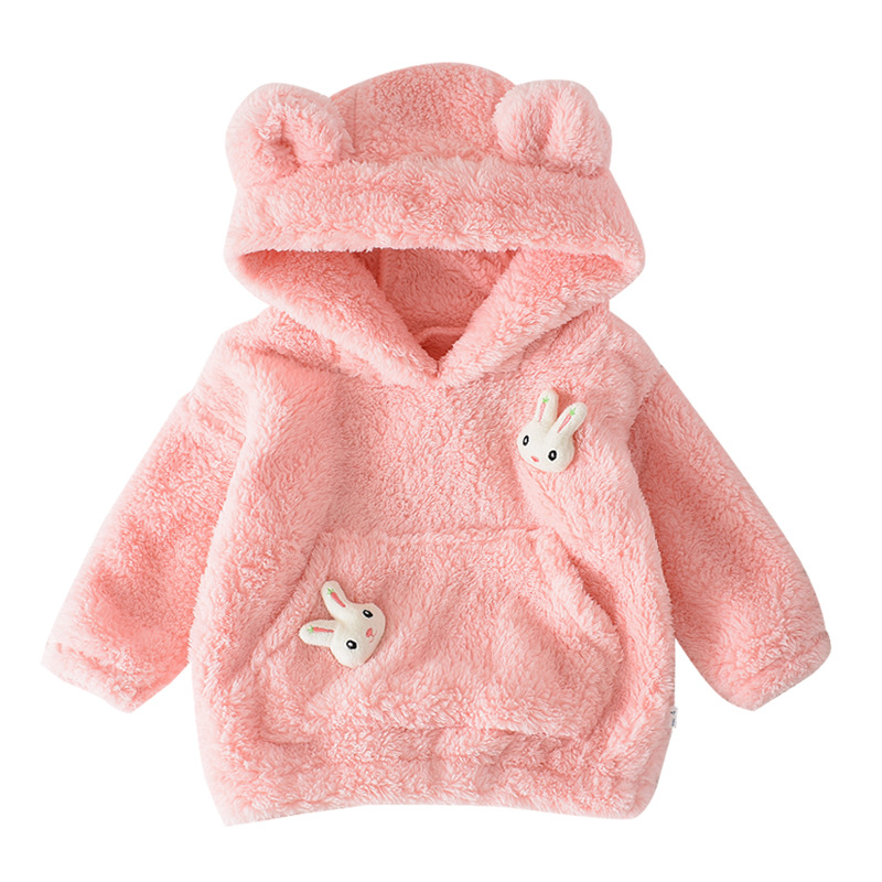 Children's hooded jacket, autumn and winter baby plush sweater, girls' outdoor top, cotton sweater, new 2023