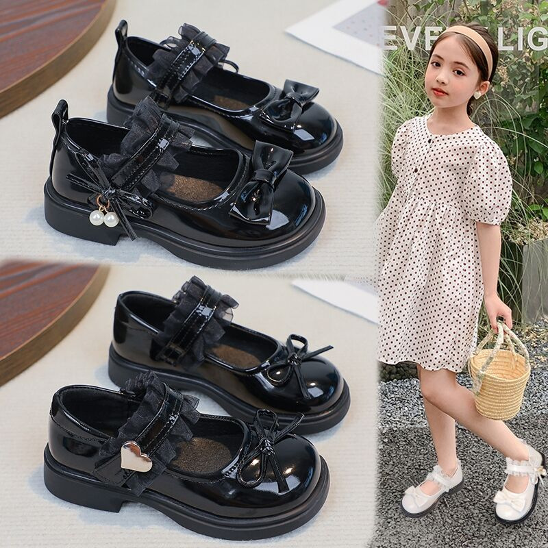 Zapatos de cuero de niñas dulces zapatos de arco princesa 2025 nuevos zapatos negros para niños zapatos de solos británicos