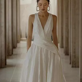 欧美露背V领连衣裙领证小白裙订婚礼服轻奢小众法式轻婚纱晚礼服