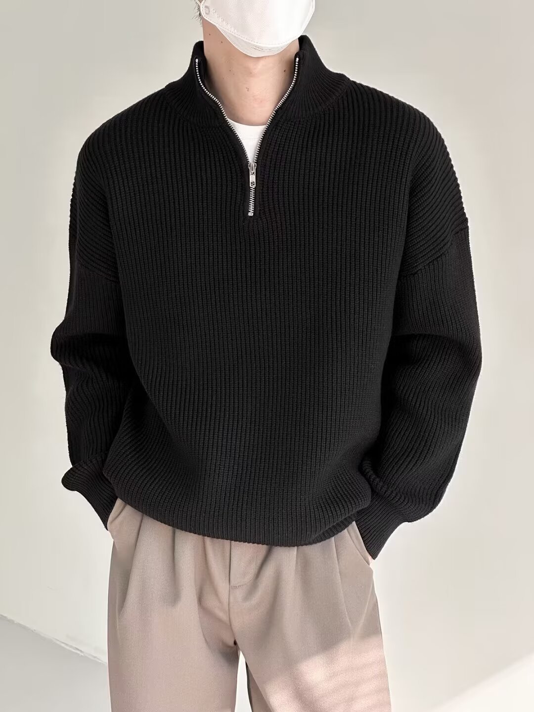 Suéter masculino de malha com meio zíper – Pulôver estiloso com tecido respirável e resistente a manchas (cinza/preto/azul/cáqui, tamanhos M-3XL)_voghion.com