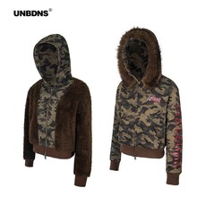 UNBDNS美式迷彩毛领可拆卸连帽加绒开衫卫衣女辣妹双面穿短外套潮