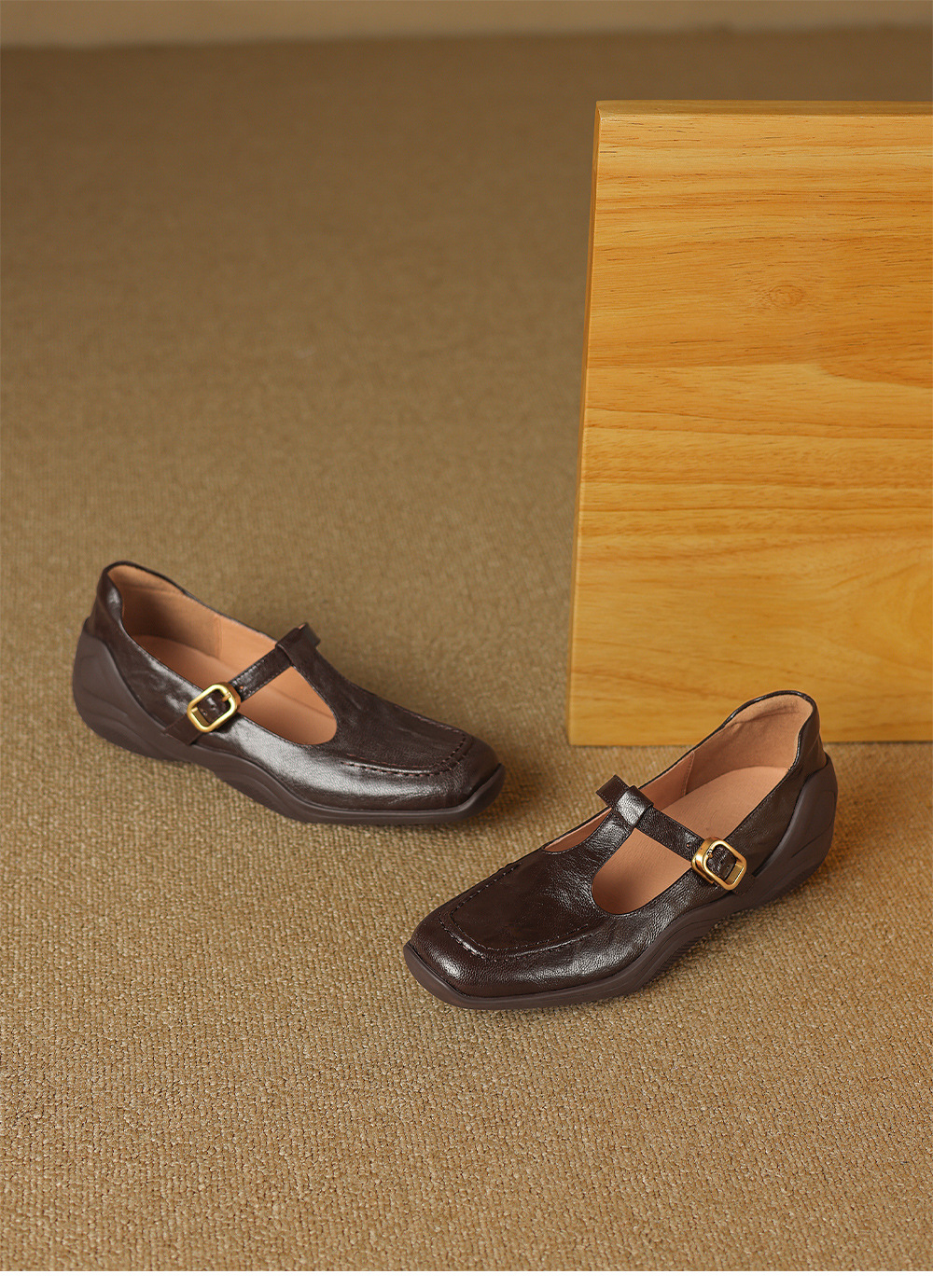 Giày sandal nữ quai ngang mũi nhọn đế dày da cừu buộc dây — màu nâu chi tiết 21