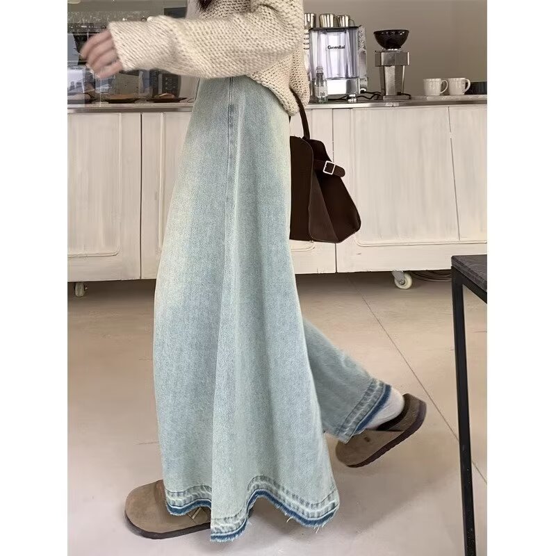 レトロな香港風の明るい色のデニムのスカートの女性の秋の新型の太っているMMの大きいサイズの高腰はやせている長いタイプのa字のスカートの潮が現れます。|undefined