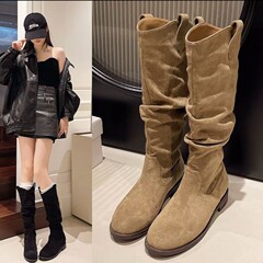 美拉德复古绒面西部牛仔靴女2025新款春秋高筒靴粗跟褶皱堆堆长靴
