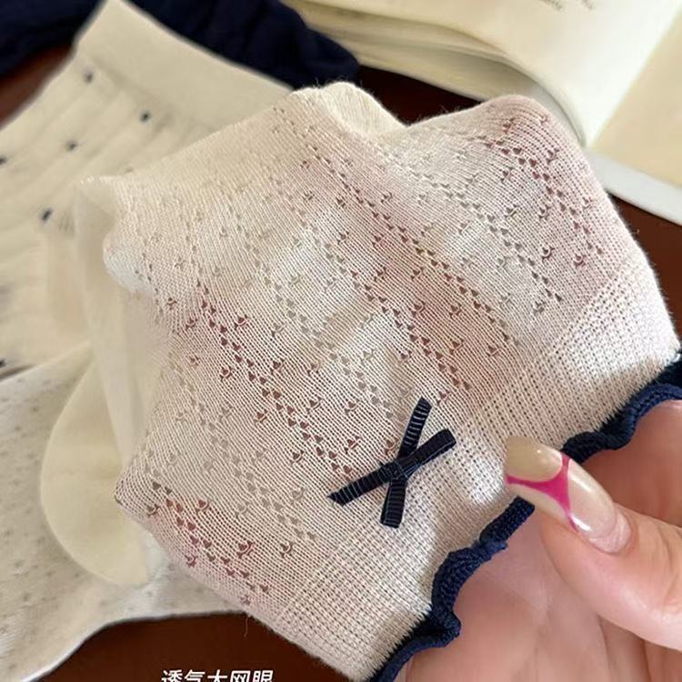 夏薄款日系蝴蝶结袜子女中筒木耳边配凉鞋白色网眼透气夏天薄花边|undefined