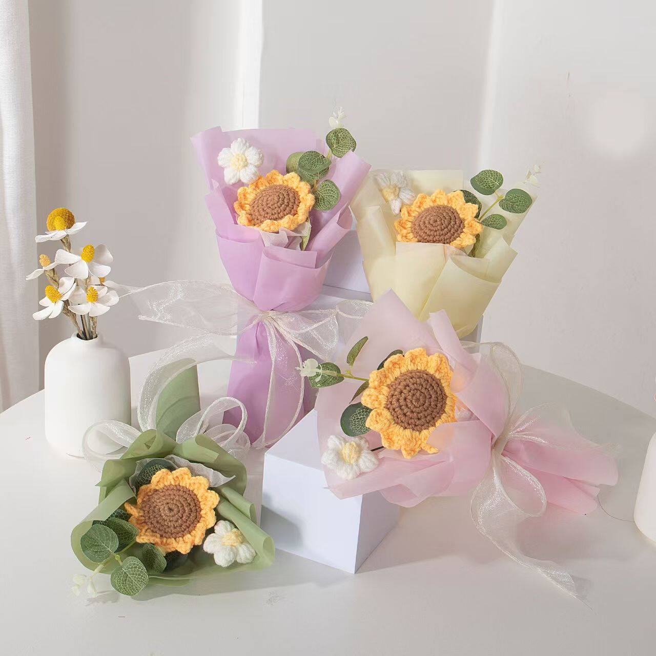 针织毛线花成品泡芙向日葵花束送老师伴手礼礼物仿真花摆件批发
