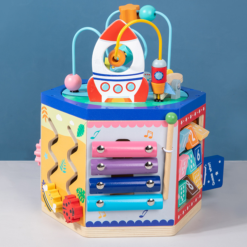 Diversión 7-en-1 multi-funcional de seis lados pintura cuentas redondas tesoro pecho ejercicio bebé pensando lógica educación temprana juguetes educativos