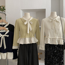 欧玛莱 波点蝴蝶结系带衬衫秋冬新款荷叶边下摆长袖上衣实拍 5634