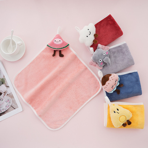 Coral velvet hanging towel cartoon plush hand towel cute thickened water-absorbent lint-free children's square towel wholesale