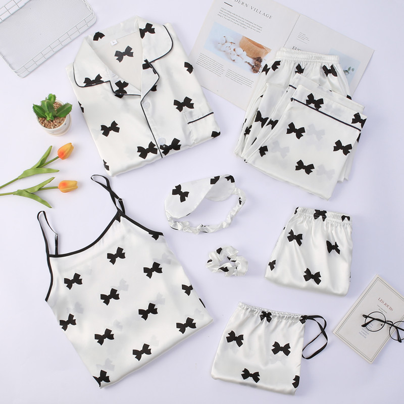 Entrega de una pieza nueva flor de siete piezas pijamas de manga larga de primavera de las mujeres de seda-como sexy homewear traje pijamas