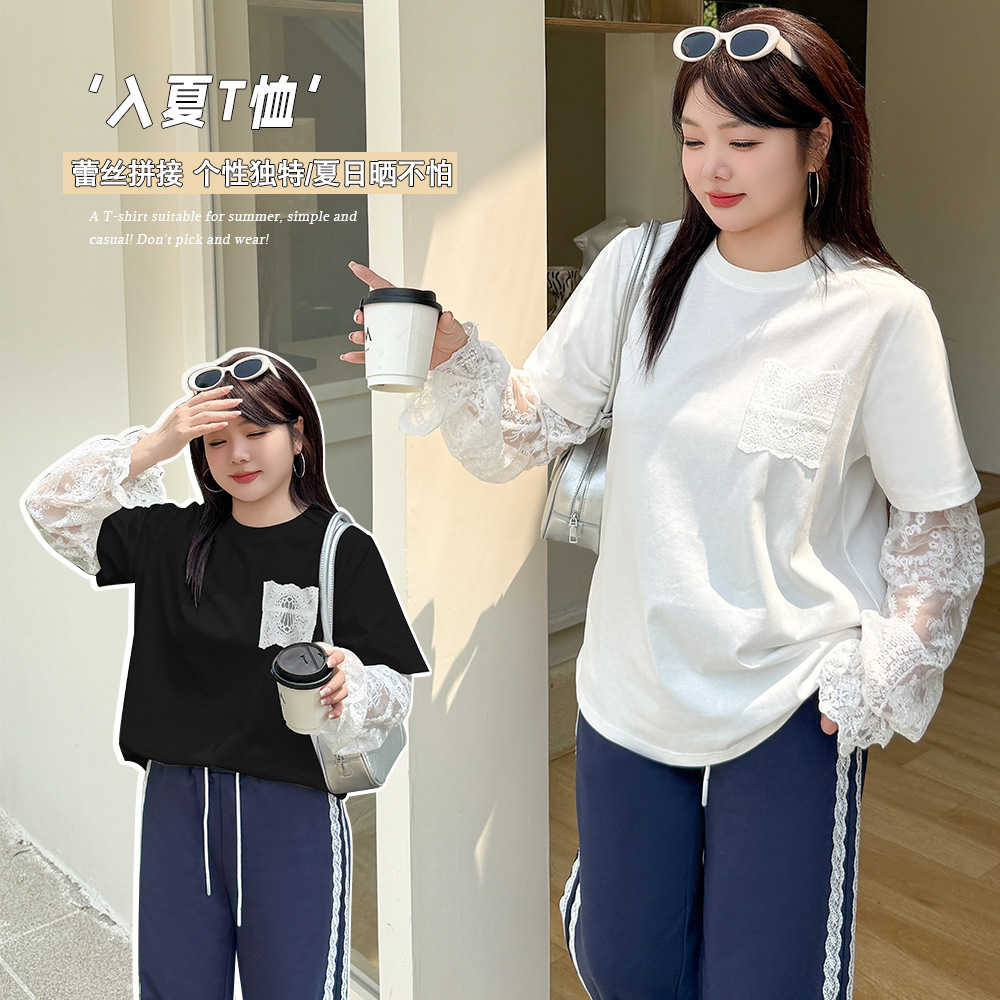 W1304轩辰大码女装减龄甜美蕾丝袖口棉T恤胖mm夏新款圆领套头上衣