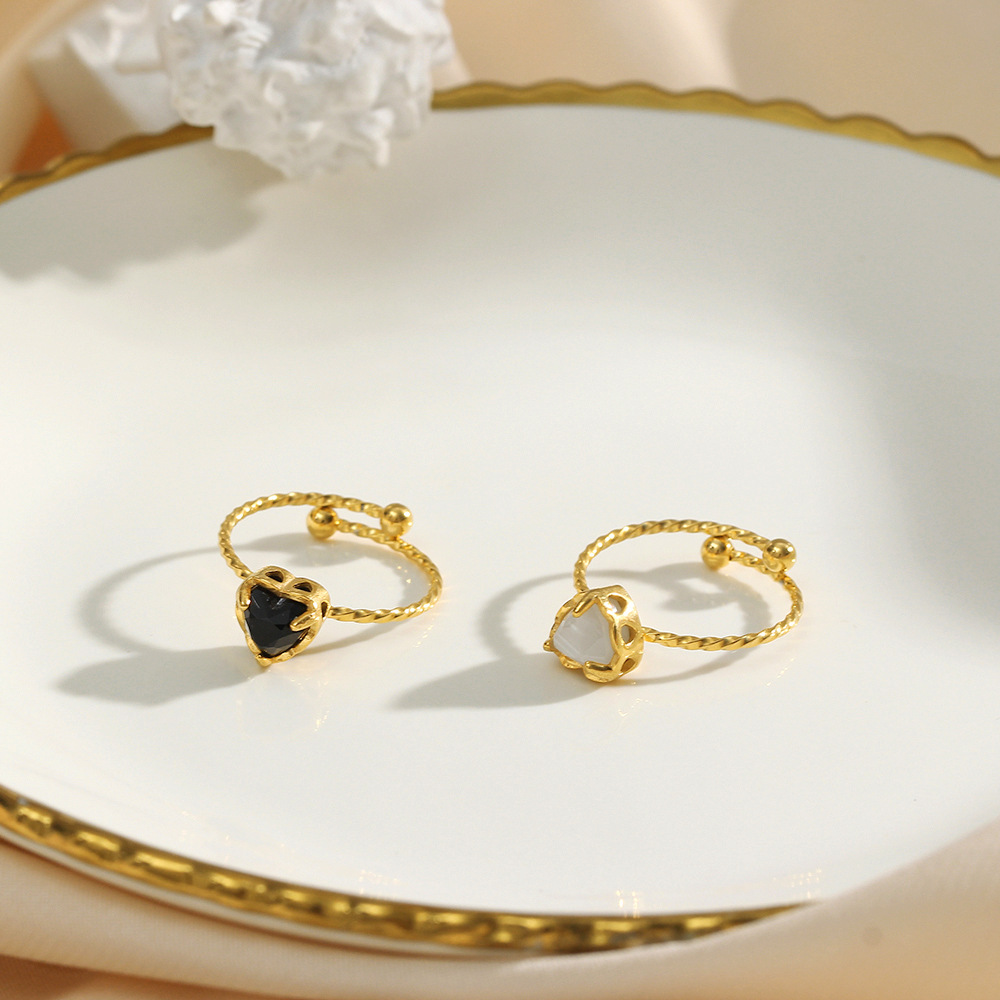 Fashion Stainless Steel Heart-Shaped Zircon Adjustable Ring