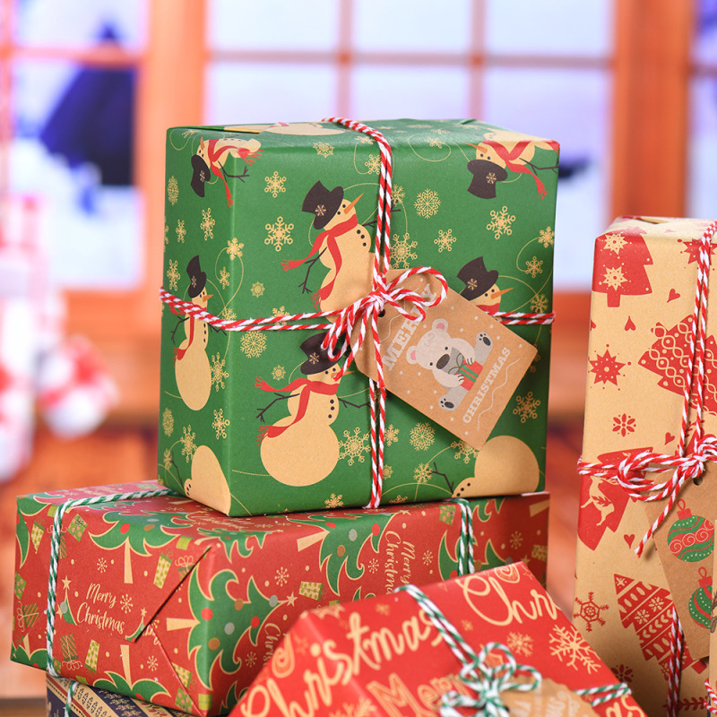 国境を越えた新しいクリスマス包装紙レトロクラフト紙クリスマスツリースノーフレーク雪だるまギフト包装ギフト紙|undefined