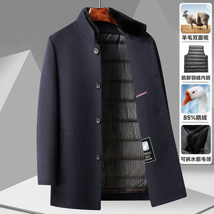 Men's Mid-Length Mink Fur Zhongshan Suit with Detachable Goose Down Lining and Double-Faced Wool Coat for Autumn and Winter
