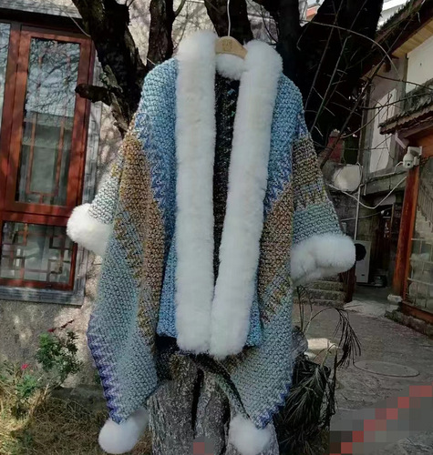 Lijiang Dali hanging ball shawl imitation rex rabbit fur oversized fur collar ethnic style scarf cloak sleeved coat women's cloak