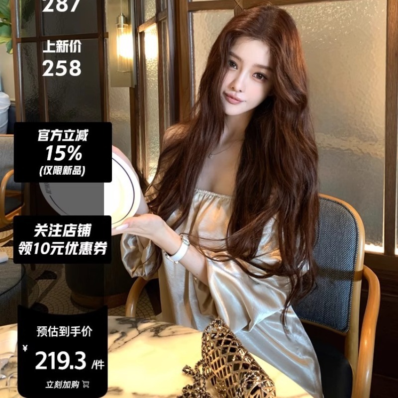 Han Yujia 金箔サテン水波紋ハイエンド高貴なツーウェアワンショルダーピンチプリーツランタンスリーブドレス|undefined