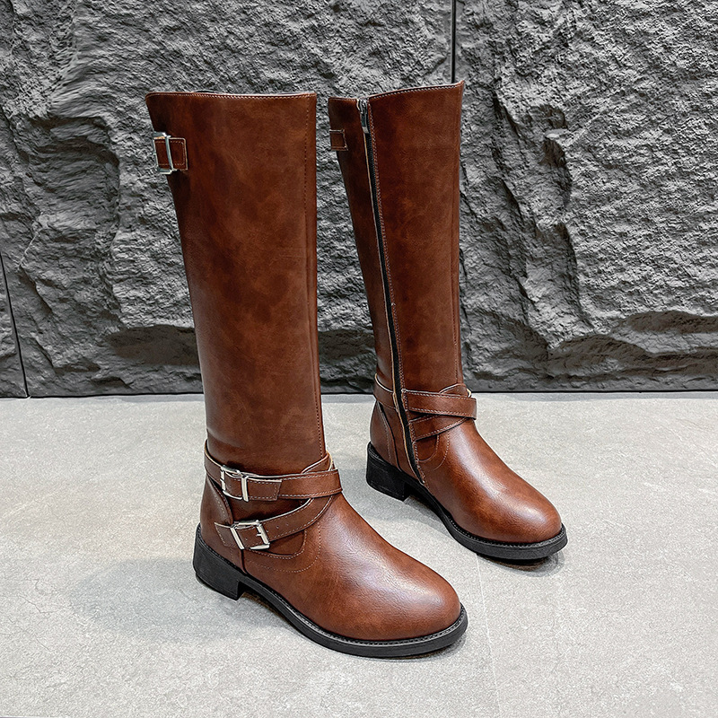 Retro-Overknee-Stiefel mit Blockabsatz, Damen-Herbstmode, Gürtelschnalle, Reitstiefel in großen Größen_voghion.com