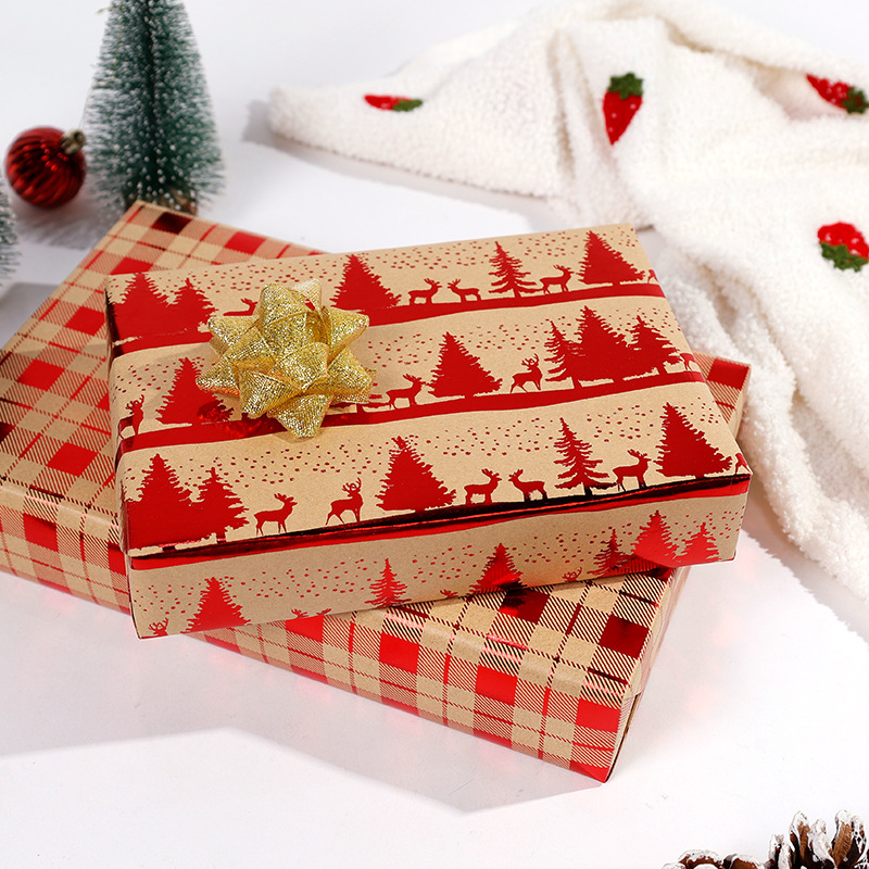 Transfronterizo amazonas rojo estampado navidad nieve ciervo cuadrado rayas embalaje de regalo kraft DIY al por mayor en stock