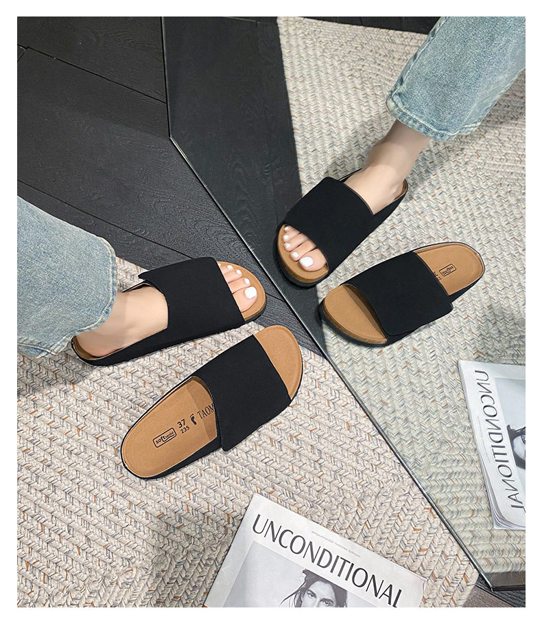 Dép sandal nữ quai ngang bản rộng mũi tròn đế bằng gấp gọn đi ngoài trời mùa hè — Màu Kaki, Màu mơ, Màu đen chi tiết 36