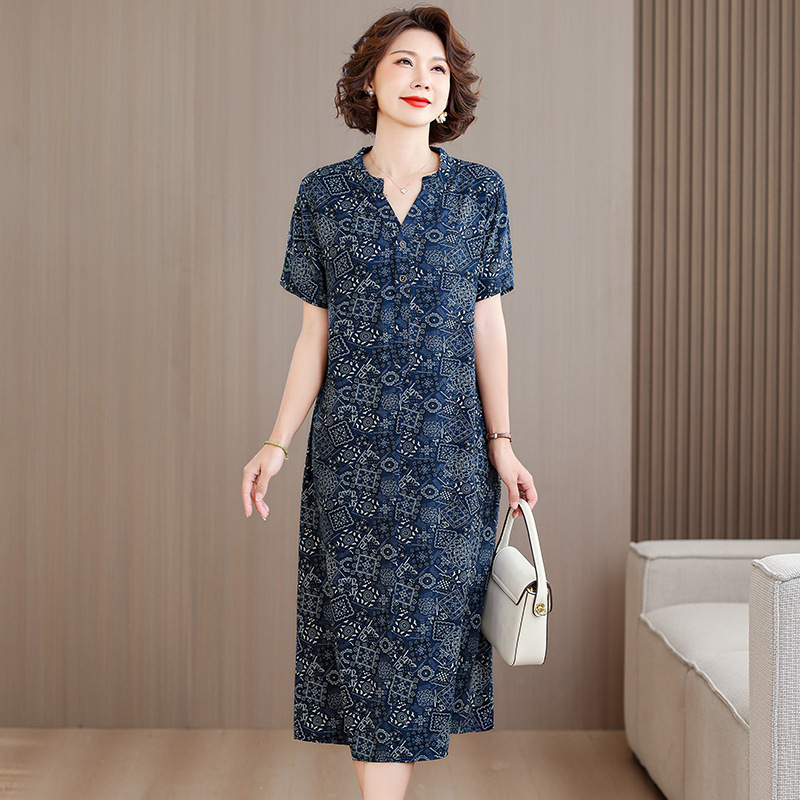 2026 New Summer Cotton-Linen Dress for Middle-Aged and Elderly Mothers, Loose Fit, Plus Size, Floral Print, Mid-Length Dress