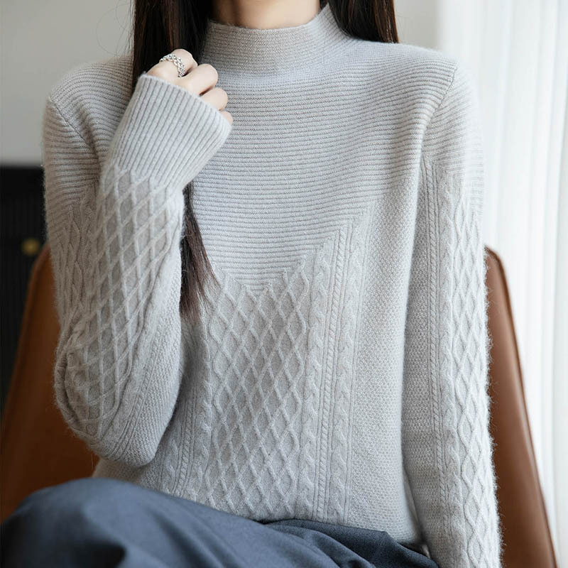 2025 New Autumn and Winter Wool Knitwear Women's Thickeneded Half Turtleneck Knitwear Knitted Alal Flower Bottoming Knitwear