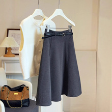 灰色毛呢半身裙女2025秋冬季小个子高腰显瘦遮肉a字伞裙五分中裙