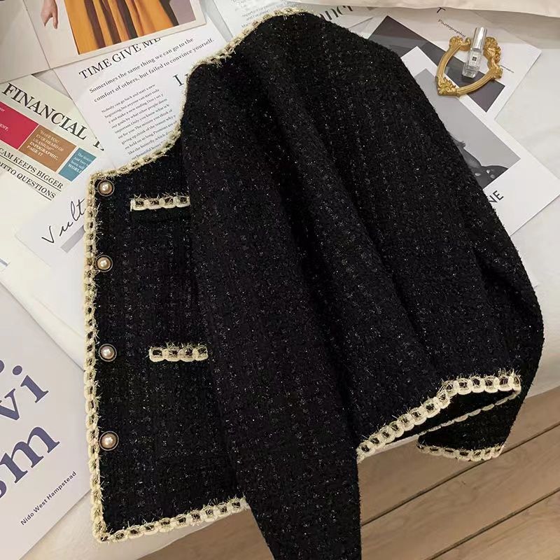 Black Short Chanel Style Coat Women's Spring New Tweed Gold Woven Casual All-match Small Suit Top