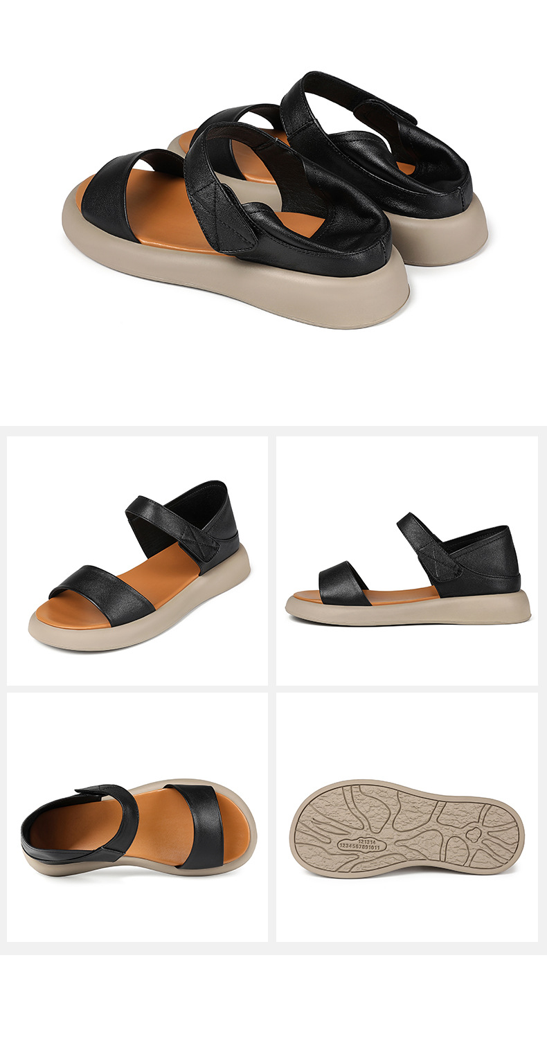 Dép sandal La Mã nữ quai chữ V đế bằng Velcro mềm mại mùa hè — Màu đen chi tiết 26