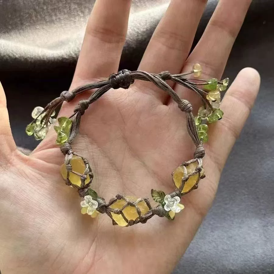 Дерево османтуса и жизненная сила macrame хрустальный камень тканый ручной веревкой, полный маленьких цветов флюоритовый браслет