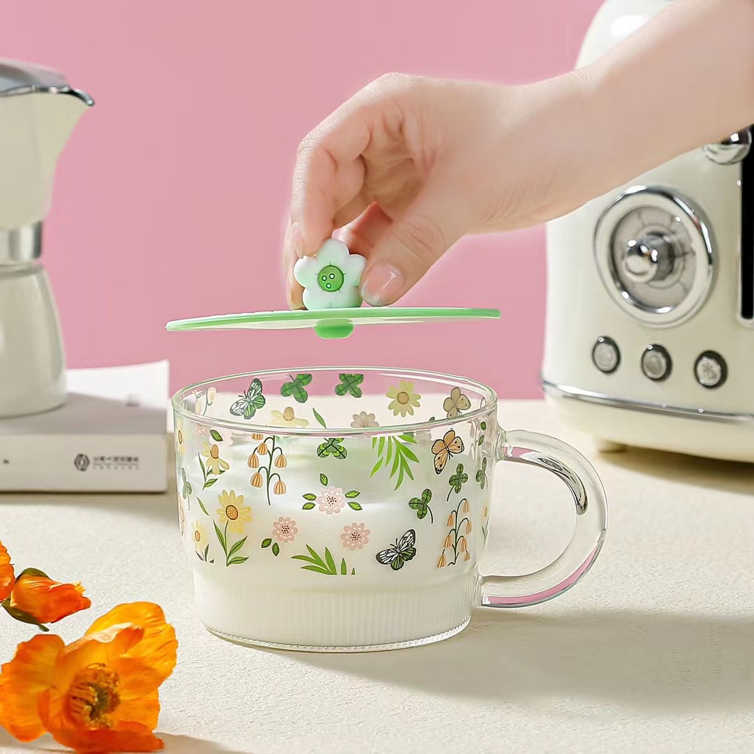 Flor de verano de lujo ligero Vidrio DE ALTO aspecto con tapa Taza de desayuno de gran capacidad de alto aspecto Taza de avena con taza de regalo de mano
