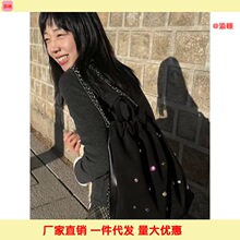 【48小时】小众设计女包袋磨砂绒拼接彩色宝石链条双肩包抽绳代发