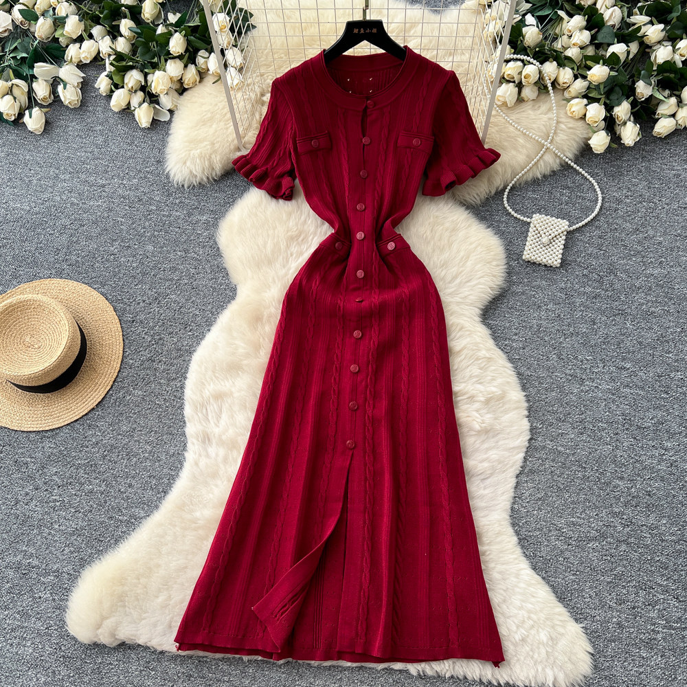 Women's Clothing Elegant Knit Tweed Dress With Front Buttons And Short Sleeves For Women_ecoleips.com
