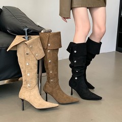 多穿欧美尖头高筒堆堆靴女细跟高跟骑士靴2025新款过膝靴