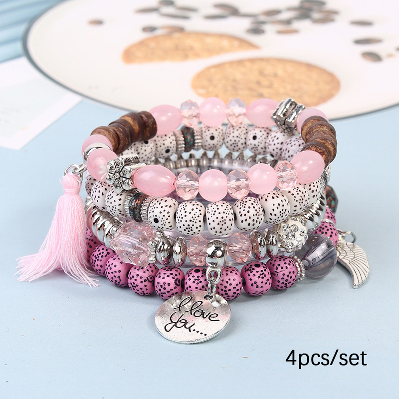 Cross-Border New Bohemian Hand Jewelry I Love You Wings Tassel Element Pendant Imitation Bodhi Beads Adjustable Bracelet