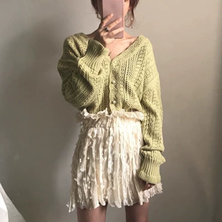 春秋复古镂空慵懒风毛线外套钩花毛衣V领针织开衫女马海毛开衫
