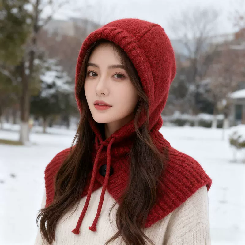 韩国巴拉克拉法帽冬季帽子披肩一体保暖防寒护耳大头围遮脸毛线帽