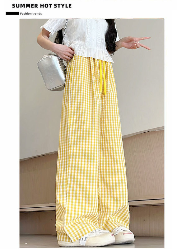 コントラストカラーウエストチェック柄パンツワイドレッグパンツレディースハイウエストドローストリングストレートカジュアルパンツドレープフロアレングスパンツブラックイエロー|undefined