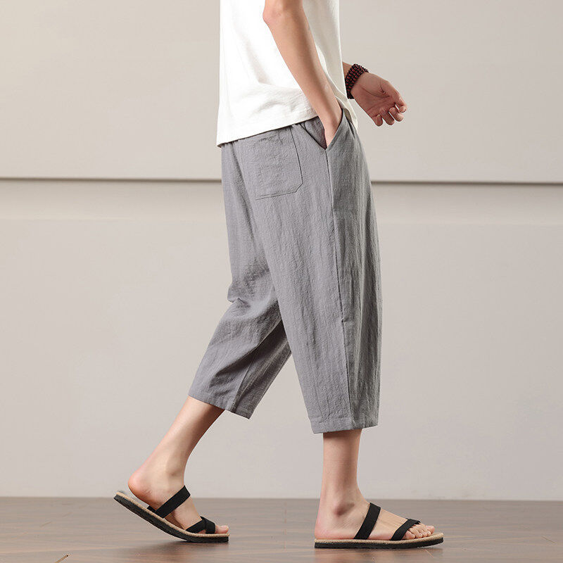 Linen Cropped Pants Men's Summer Thin Breathable Cotton and Linen Pants Straight Loose Casual Shorts Large Size 7-Point Breeches