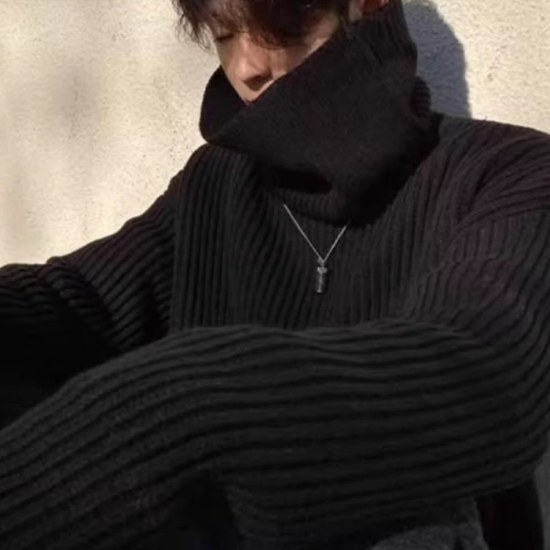 Half-Turtleneck Sweater for Men, Autumn and Winter, Lazy and High-End Style, American-Style Couple Knitwear, Oversize, Pure Black Yarn
