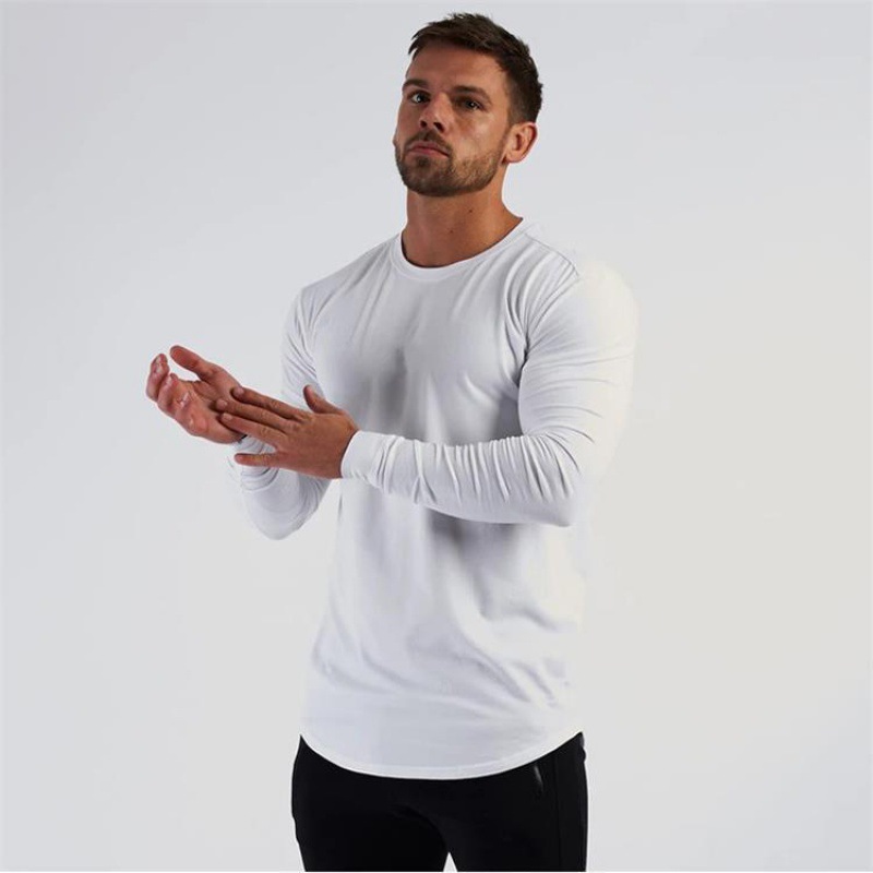 Camiseta deportiva ajustada de algod贸n para hombres musculosos, manga larga cuello redondo, transpirable y delgada, fitness y running