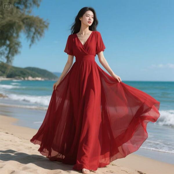 Summer red shiffon long fitted beach dress