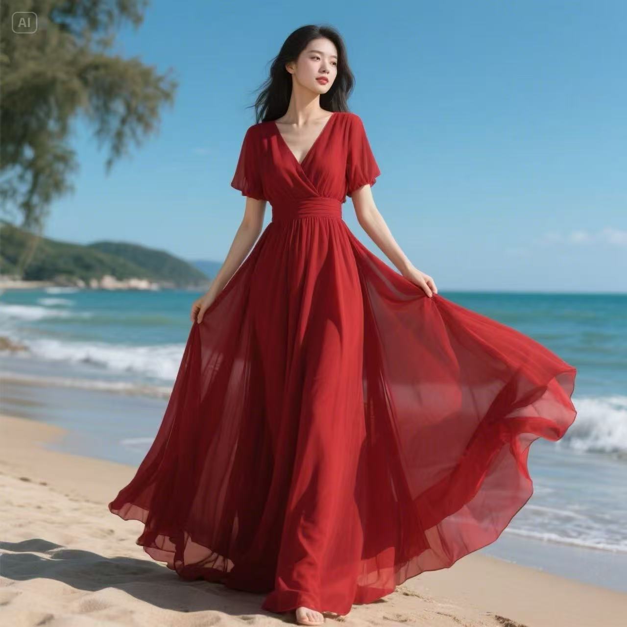 Summer red shiffon long fitted beach dress