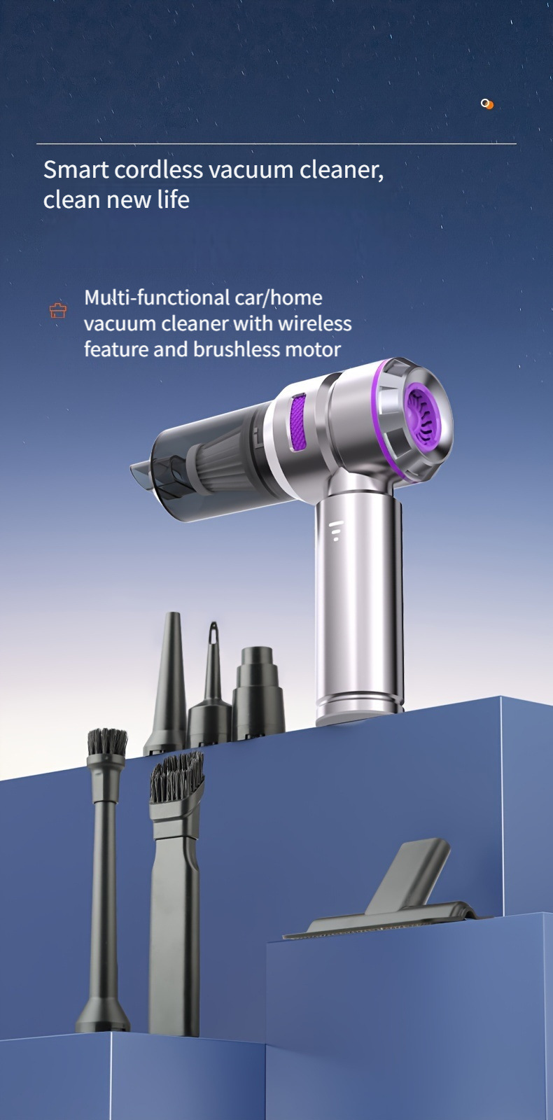 Car-Mounted High-Suction Vacuum Cleaner with Wireless Power Display, Portable Brushless Motor, Household Handheld Dust Remover and Blower