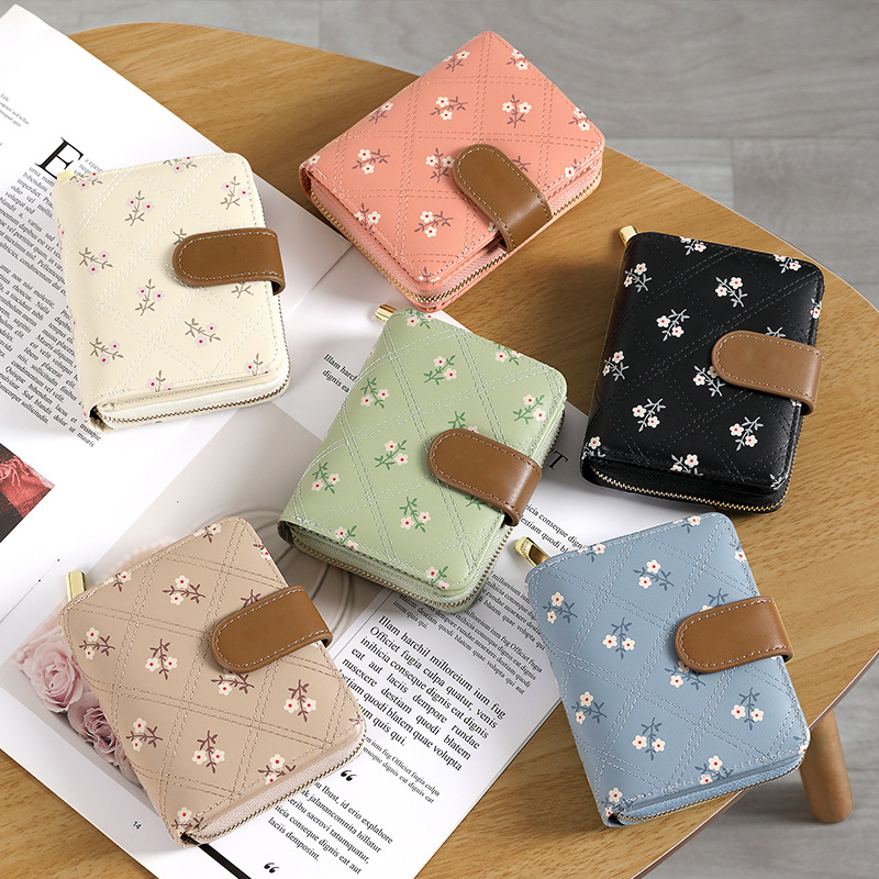 Nuevo estilo de alta gama, billetera de mujer transfronteriza pequeña y simple, bolso de tarjeta impreso corto, bolso de wallet, monedero con cremallera